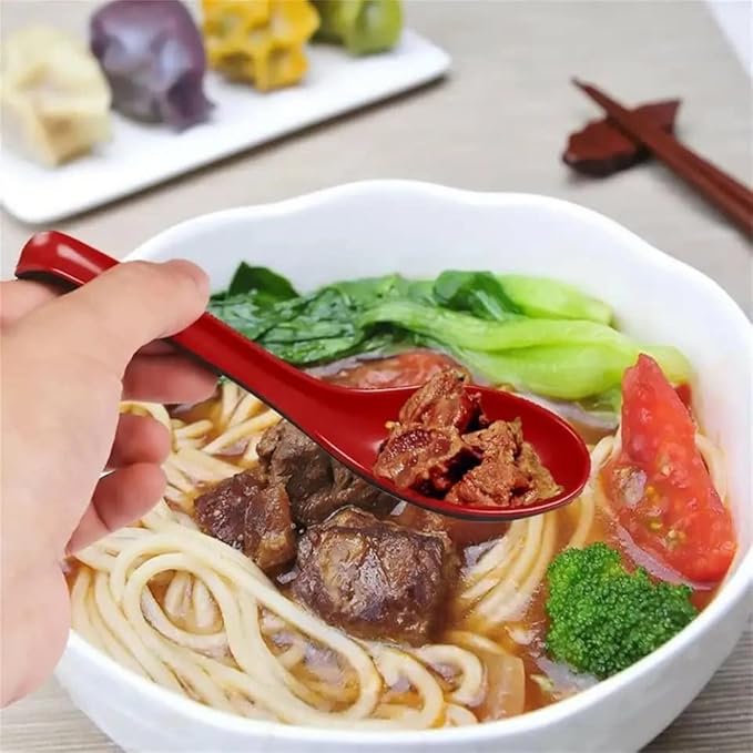 2 Pack - Red and Black 6.5-inch Asian Soup Spoon with Hook– Fuji Chinese Japanese Korean Style Spoon, Perfect for Melamine Won Ton Rice Pho Soba & Ramen Noodle Soups