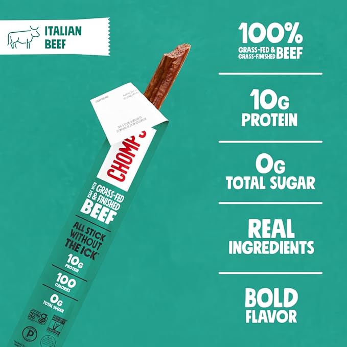CHOMPS Grass Fed Beef Jerky Meat Snack Sticks, AIP Diet Compliant, Keto, Paleo, Whole30 Approved, Low Carb, Gluten Free, Sugar Free, Non-GMO, 90 Calories 1.15 Oz Stick, Italian Beef 10 Pack