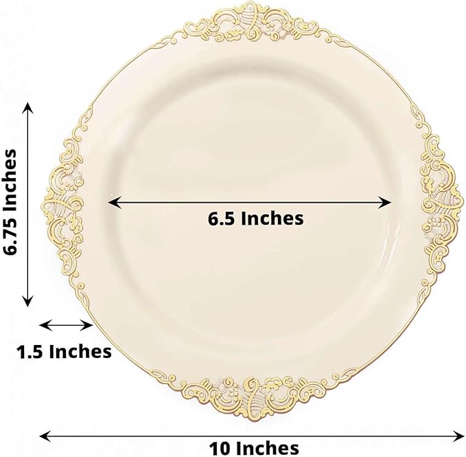 Efavormart 10 Pack | 10" Ivory and Gold Baroque Dinner Plates, Leaf Embossed Metallic Rim Heavy Duty Serving Plates for Traditional Holiday Banquets