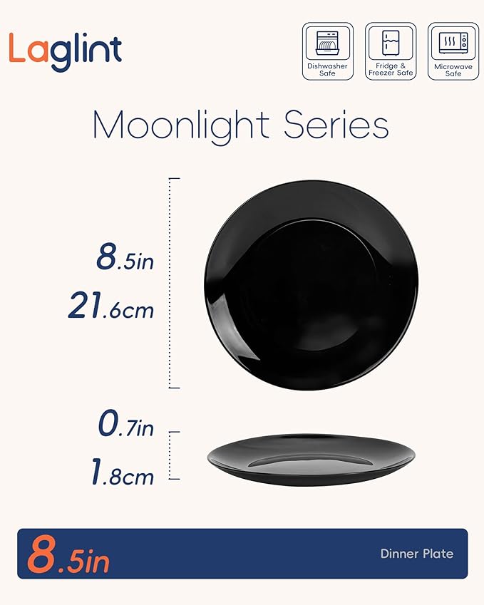 LaGlint 8.5 inch Salad Plate Set of 6, Lightweight Opal Glass Round Black Plates for Appetizer Dessert Kitchen, Dishwasher and Microwave Safe