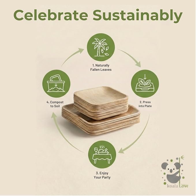 Koala love Palm Leaf Plates Bamboo Plates Disposable Square 8 inch 100 Bulk Party Pack Elegant Sturdy Design Better Than Paper and Plastic (KoalaLove-PLP-8IN-100-Plates)