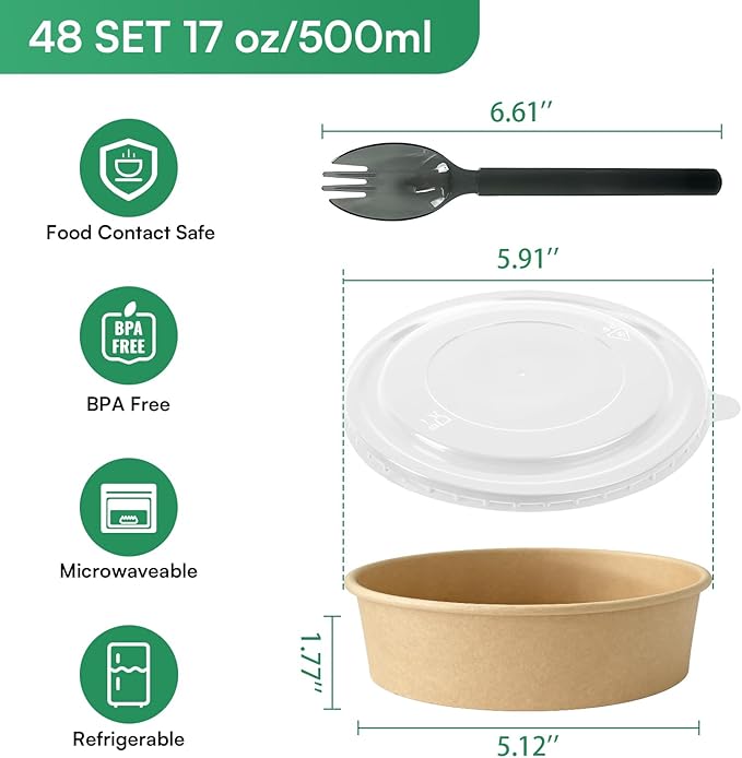 17 oz Disposable Kraft Paper Bowls with Lids and Sporks, 48 Sets Leak-Proof Meal Prep Containers for Hot & Cold Food, Soup, Salad, Snacks, Ice Cream, Desserts, Food Bowls