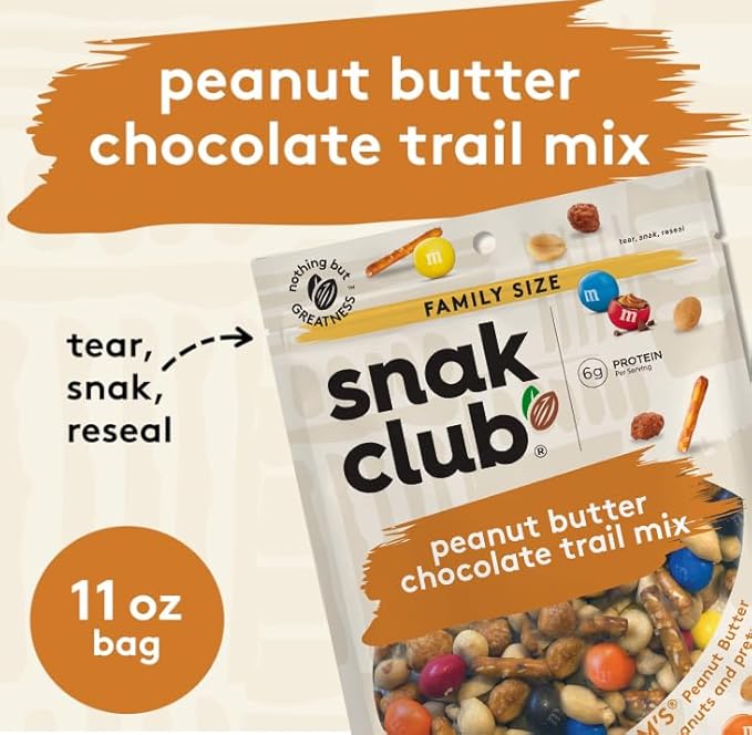 Snak Club Peanut Butter Chocolate Trail Mix with Peanuts, Peanut Butter M&M’S, Toffee Peanuts, and Pretzels, 11 oz Resealable Bag