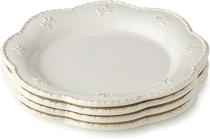 Heritage Beads 11-Inch Stoneware Dinner Plates – Elegant Scalloped Rim Plates with Embossed Beading, Set of 4 – Timeless Off-White Plates for Dinner Parties, Holidays & Everyday Use