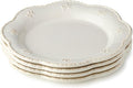 Heritage Beads 11-Inch Stoneware Dinner Plates – Elegant Scalloped Rim Plates with Embossed Beading, Set of 4 – Timeless Off-White Plates for Dinner Parties, Holidays & Everyday Use