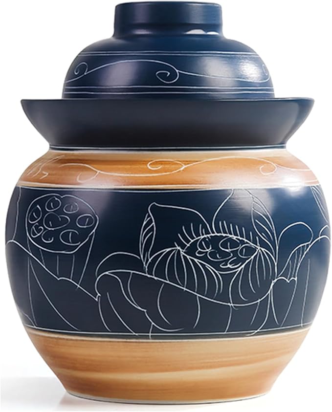 Traditional Chinese Porcelain Pickle Jar, Ceramic Fermenting Jar with Water Seal Airlock Lid, Turnip Kimchi Sauerkraut Fermentation Crock Pickling Pot(5kg, Blueb)
