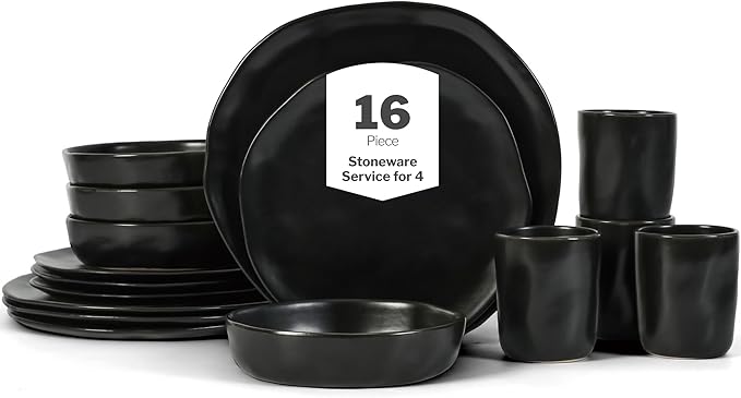 Stone by Mercer Project HEKONDA Modern Stoneware 16-Piece Dinnerware Set, Plate and Bowl Set, Dish Set for 4, Black