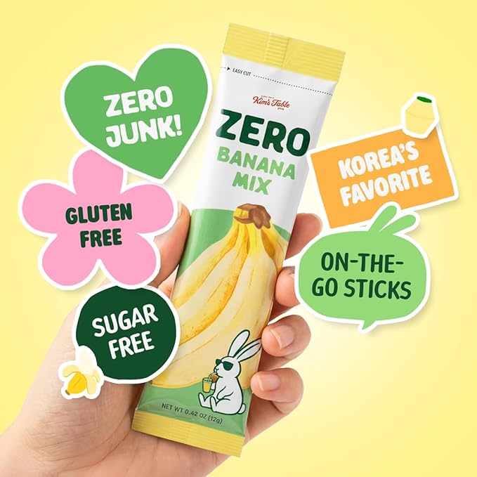 Kim’s Table Korean Banana Milk Flavored Mix Zero Sugar (10 sticks), Sweet & Creamy Banana Flavor, Sugar-Free Korean Beverage, Instant Pre-Mixed Beverage, Cafe Quality Low Calorie Korean Diet Drinks, 4.23 OZ 바나나우유