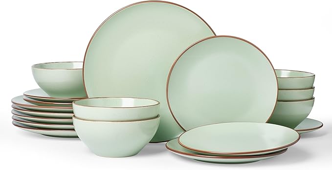 Famiware Venus Plates and Bowls Sets, 18 Pieces Stoneware Speckled Dishes Dinnerware Set for 6, Light Green - Microwave & Dishwasher Safe, Modern Minimalist, for Everyday Meals & Formal Dining