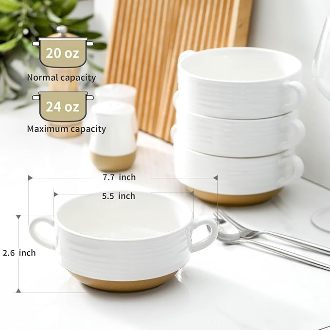 HASENSE Ceramic Soup Bowls with Handles, 24 Oz French Onion Soup Crocks Set of 4, Stackable White Serving Bowls for Stew, Chili & Cereal, Oven Microwave Dishwasher Safe, Christmas Kitchen Gift