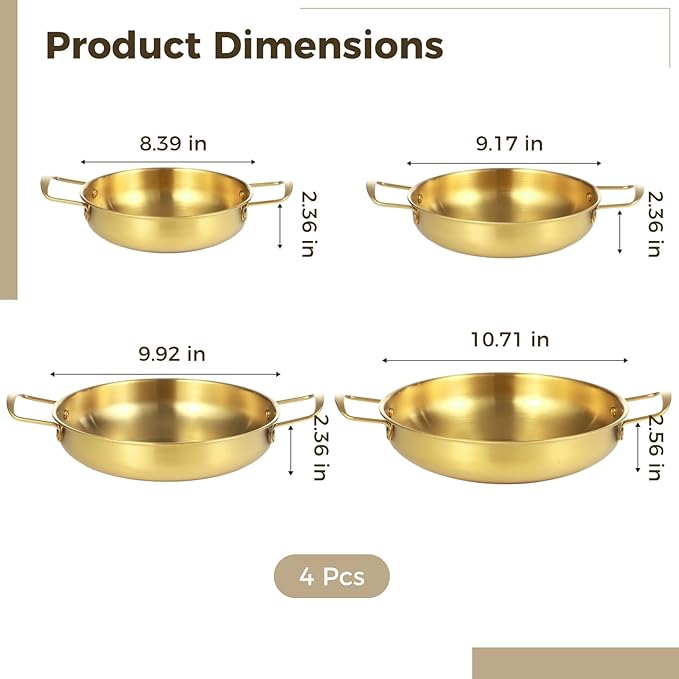 4Pcs Korean Ramen Pot Set,Stainless Steel Ramen Pot with Double Handles, 8.4-10.7 in Diameter Korean Noodle Pot Golden Soup Pots & Cooking Pots for Stove,Pasta,Soup