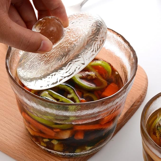 PRETYZOOM Small Glass Pickle Jar with Glass Weight - 650ml/21oz Tsukemono Maker with Heavy Duty Weight, Japanese One-Night Pickling Bowl Vegetable Fermentation for Sauerkraut, Kimchi