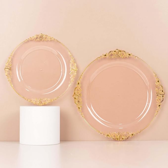 Efavormart 10 Pack | 10" Translucent Blush and Gold Baroque Dinner Plates, Leaf Embossed Metallic Rim Shatterproof Serving Plates for Romantic Receptions