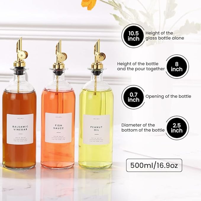 Molimoli Oil and Vinegar Dispenser with Metal Pour Spout, Weighted Pourer, Glass Bottle Dispenser for Kitchen, Olive Oil Cruet, Glass Olive Oil Bottle | 500ml, Set of 4