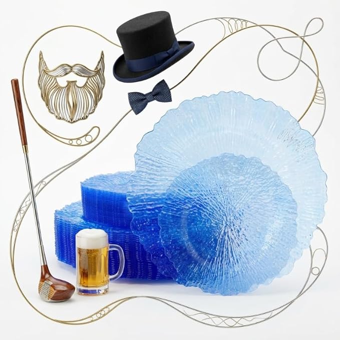 U-QE 60PCS Clear Blue Plates - Blue Plastic Fathers Day Plates Disposable&Reusable - Heavy Duty Plastic Plate for Fathers Day, Party&Wedding Including 30 Dinner Plate 10" & 30 Appetizer Plate 7"