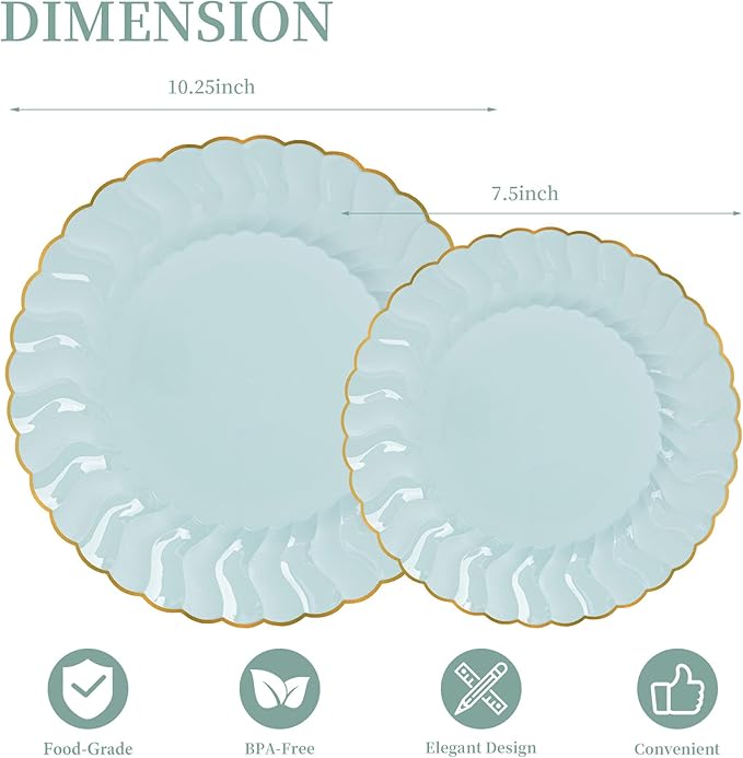 Lullaby 60PCS Sage Green Scalloped Plastic Plates with Gold Rim, Includes 30PCS Dinner Plate 10.25'' and 30 PCS Dessert Plate 7.5'', Green Disposable Plates for Party, Birthdays, Wedding and Daily Use
