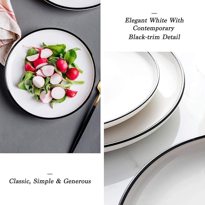 10 Inch Porcelain Dinner Plates, Elegant White with Black Edges Design, Classic Round Serving Plates Set for Steak, Pasta, and Salad, Set of 6