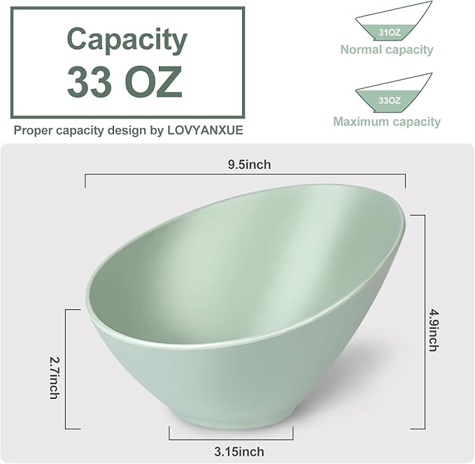 LOVYANXUE Bamboo Fiber Salad Bowls, 4 Packs Serving Bowls Blue Green, Compostable 33 Ounce Elegant Angled Bowls for Salad, Pasta, Soup, Prep, Ideal for Home and Restaurant