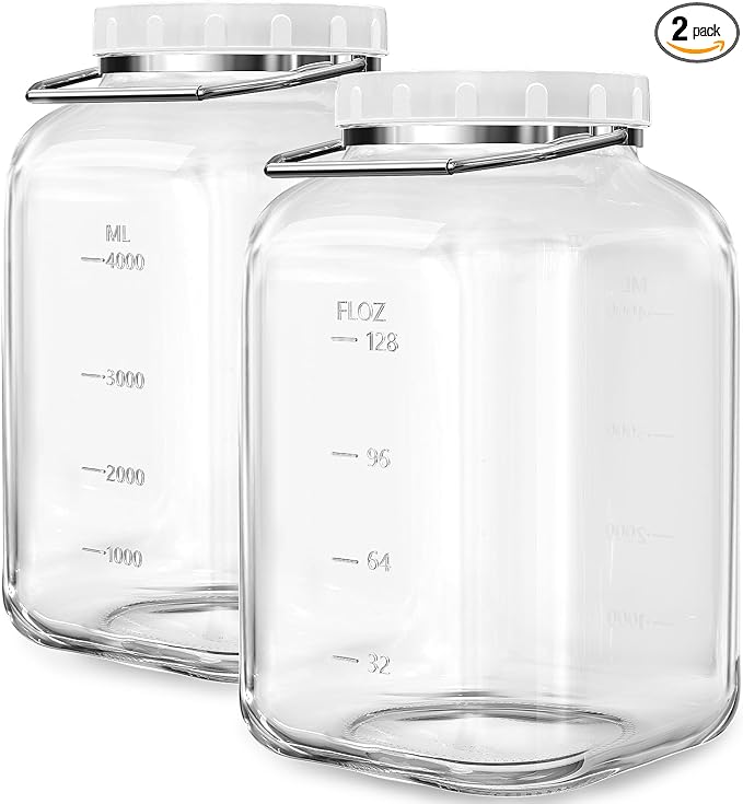 2 Pack 1.5 Gallon Glass Jar with Lid Wide Mouth, Large Mason Jar with Airtight Screw Lid and Handle, Clear Glass Storage Containers with 2 Scale Mark for Flour, Cookie, Candy, Kombucha and Fermention