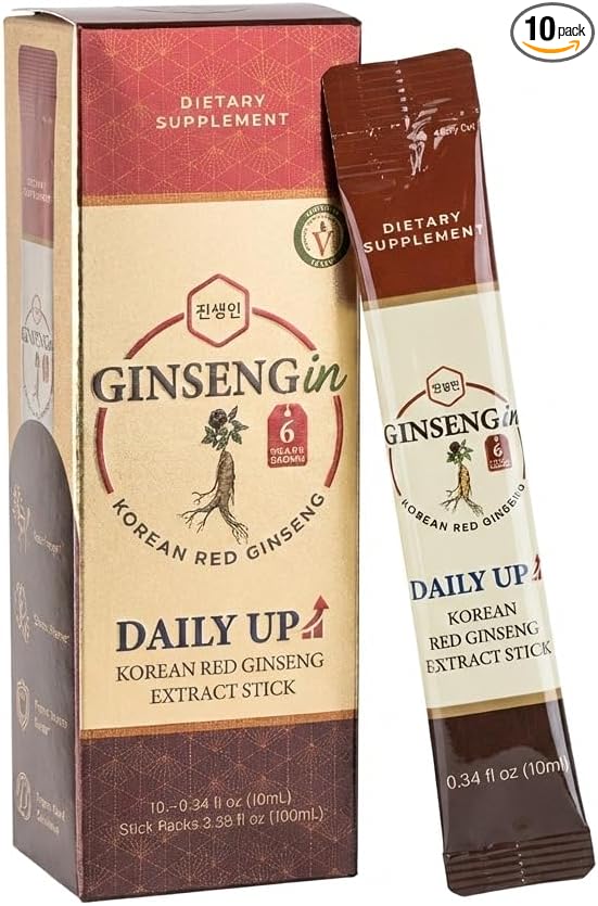 DailyUp Korean Red Ginseng Liquid Sticks — 1000mg, 6-Year Root, No Sugar Added, Caffeine Free, Vegan — Korean GMP Certified, 10 Sticks