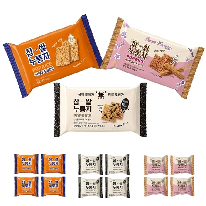 Korean Pop Rice Crackers Variety Pack (찹쌀누룽지 Mix Set) – 3 Flavor Sampler: Black Bean Unsweetened, Sweet Churro, & Original Sweet – Crispy Glutinous Rice Snack, ASMR Texture, Individually Packed (3-Flavor Variety Mix Nurungji Pop - 10.4oz (296g))