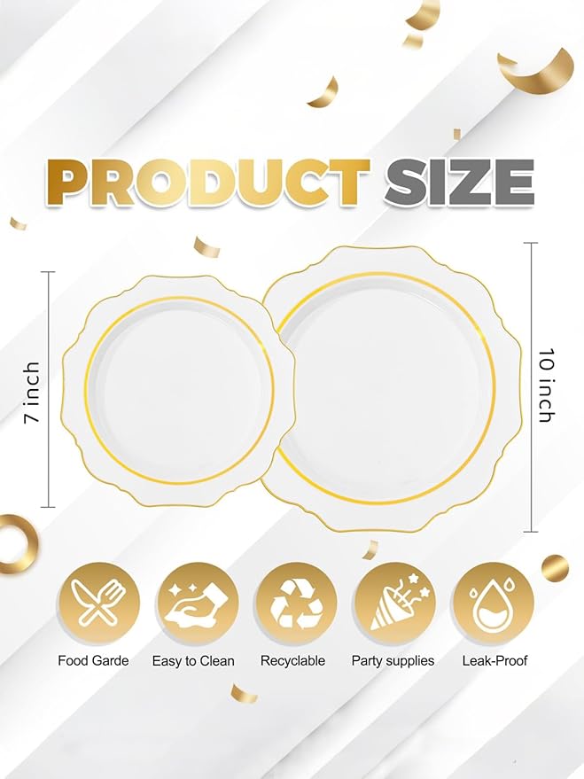WDF 100PCS White and Gold Plastic Plates - Gold Disposable Plates - Include 50 Dinner & 50 Dessert Plate for Party - Heavy Duty Fancy Plastic Plate for Wedding/Bridal shower