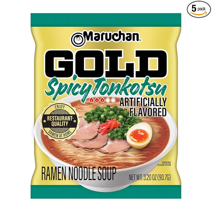 Maruchan Gold Ramen Noodle Soup, Spicy Tonkotsu Flavor – Restaurant Quality Japanese-Style Instant Noodles, Quick & Easy Meal – 3.2 Oz. (5 Pack)