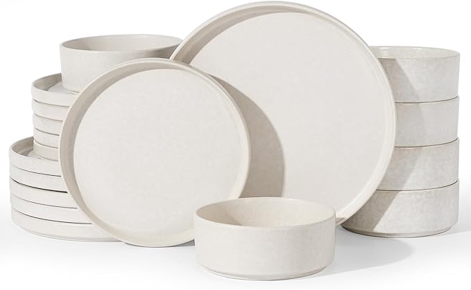 Famiware Nebula Plates and Bowls Sets, 18 Pieces Stoneware Dinnerware Sets, Reactive Glaze Dish Set, Dishes Set for 6, Matte Beige White