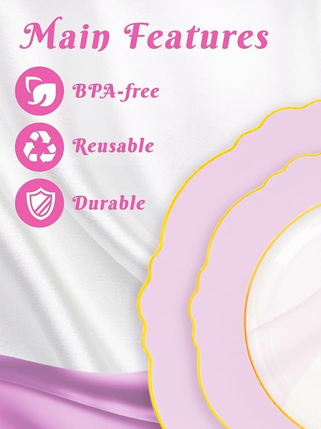 WDF 60Pcs Pink Plates Disposable with Gold Rim - Baroque Clear Pink and Gold Plastic Party Plates Ideal for Wedding/Baby Shower/Spring
