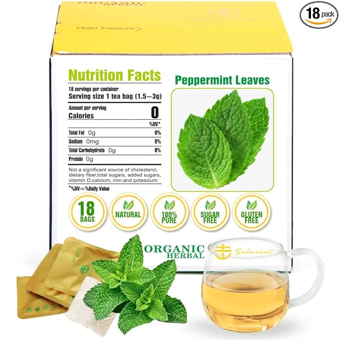 Soilmount - Peppermint Leaf Tea - |Mint leaf tea|Bohe|薄荷|박하| - Pure Herbal Tea - Natural, Organic, Non-GMO, Clean Ingredients, Caffeine Free (18 Tea Bags, Box 1)