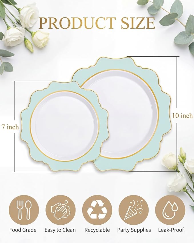 WDF 100PCS Mint Green Plastic Plates - Green Spring Plates Disposable - Heavy Duty Scalloped Plastic Plate for Parties/Wedding/Spring