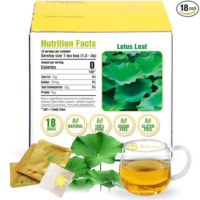 Soilmount - Lotus Leaf Tea - |Heye|荷葉|연잎| - Pure Herbal Tea - Natural, Organic, Non-GMO, Clean Ingredients, Caffeine Free (18 Tea Bags, Box 1)