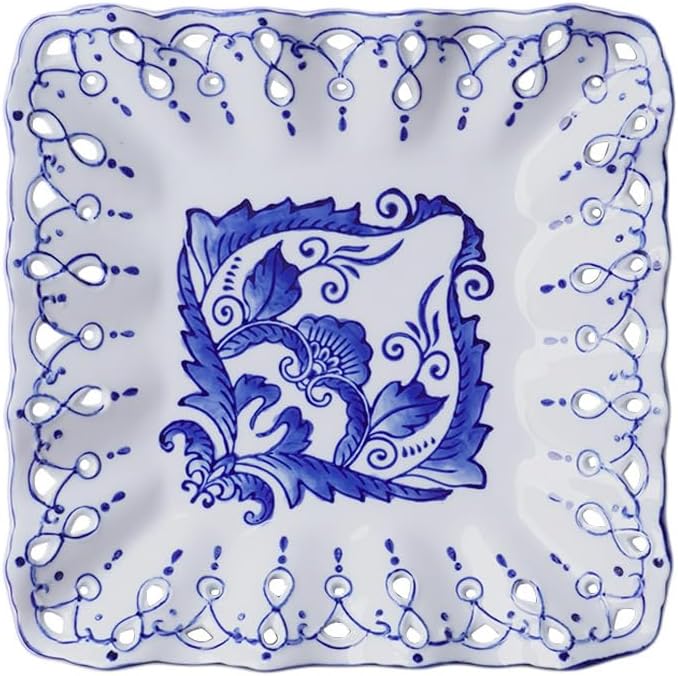 Aimusego Vintage Square Salad Plates, Handmade Decorative Ceramic Dessert Plates for Bread, Butter, Appetizer, Serving Dishes, Trays & Platters, Dishwasher Safe (Square Floral，10‘’)