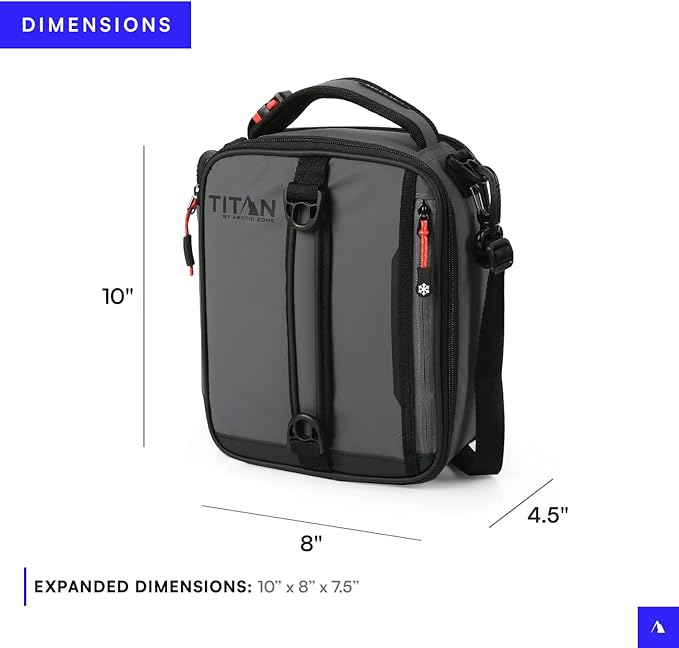 Titan by Arctic Zone Expandable Lunch Box with 2 Gel Ice Packs, Fridge Cold Insulated Cooler Bag with Leak Proof Lining for Men and Women, Sharkskin Gray