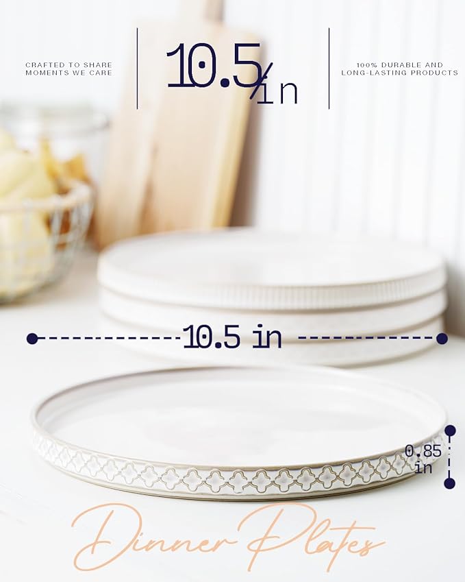 getstar 10.5” Ceramic Dinner Plates, Set of 4, Microwave & Dishwasher Safe, Salad Pasta Deep Plates with Embossments Set of 4