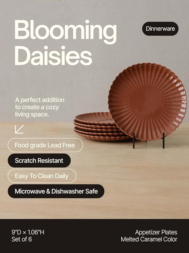 WENSHUO Daisy Plates Set of 6, 9-inch Round, Melted Caramel Color (Appetizer Plate),Modern Ceramic Dinner Plate Set,Microwave/Dishwasher Safe, Scratch Resistant