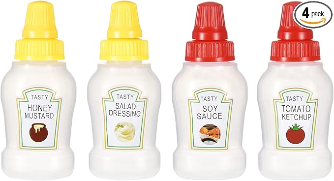 Jspupifip Mini Ketchup Bottles with Sturdy Screw Cap, 25ml Mini Condiment Squeeze Bottles Portable Honey Sauce Salad Dressing Dispensers Jars Containers for Adults Lunch Box (4)