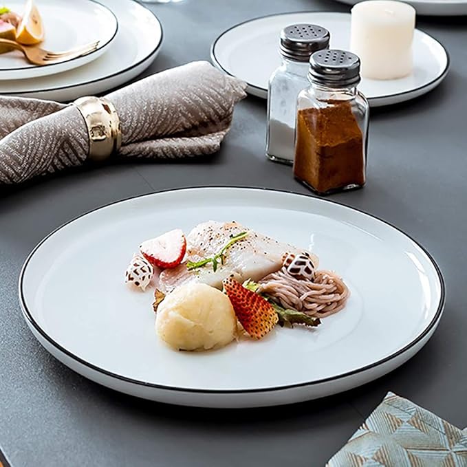10 Inch Porcelain Dinner Plates, Elegant White with Black Edges Design, Classic Round Serving Plates Set for Steak, Pasta, and Salad, Set of 6