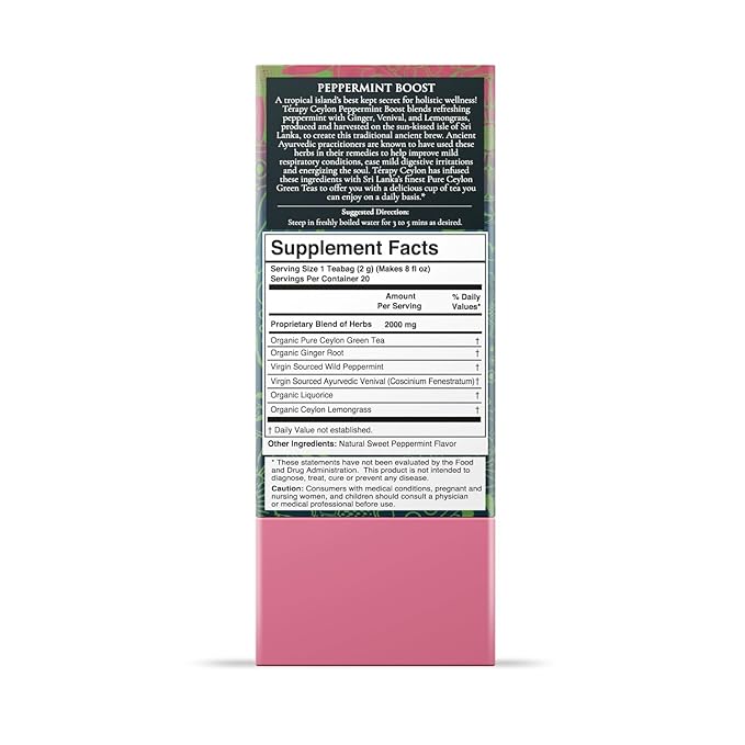 TERAPY Ceylon Peppermint Tea - Boosts Well-being & Energy Levels, 100% Pure Peppermint Tea Bags, Low Caffeine, Refreshing Herbal Flavor, 20 Individually Wrapped Unbleached Bags for Freshness (1 Pack)