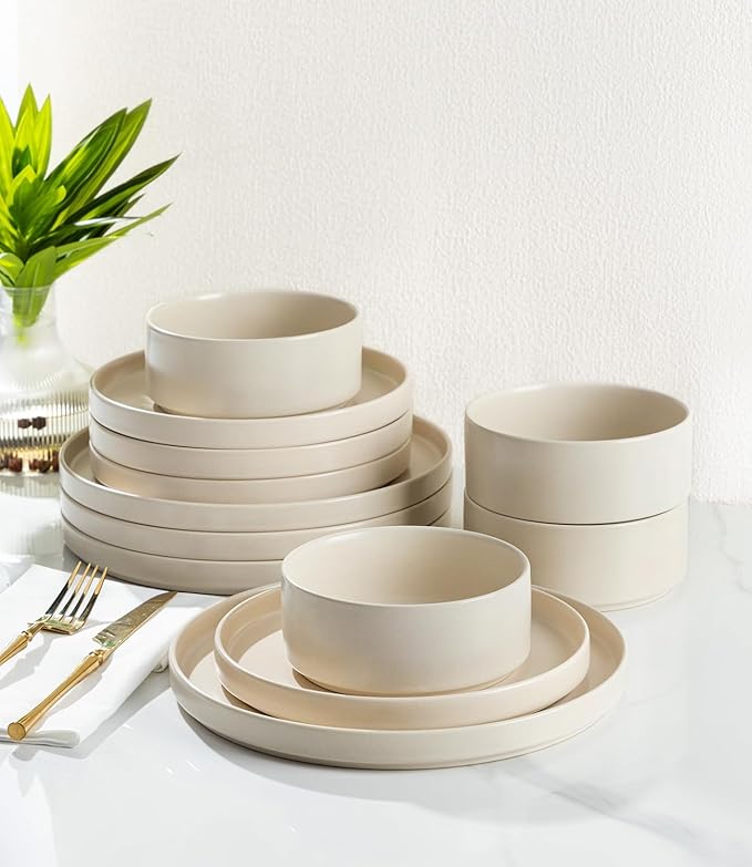 TheTerra Ceramic Dinnerware Sets for 4, 12 Pieces Handmade Reactive Glaze Plates and Bowls Set, Scratch Resistant Dish Set, Oven & Microwave & Dishwasher Safe, Matte White