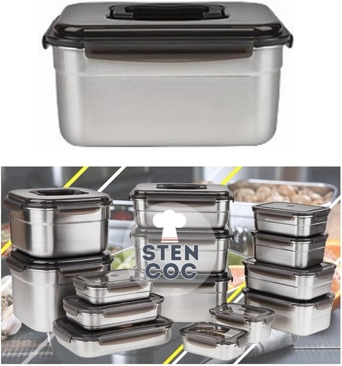 STENCOC Stainless Steel BPA Free Rectangular Leakproof Airtight Kimchi/Pickle/Food Storage Container Saver (3.6L / 122oz / 9.8") One Handle Half-Transparent Lid Stackable
