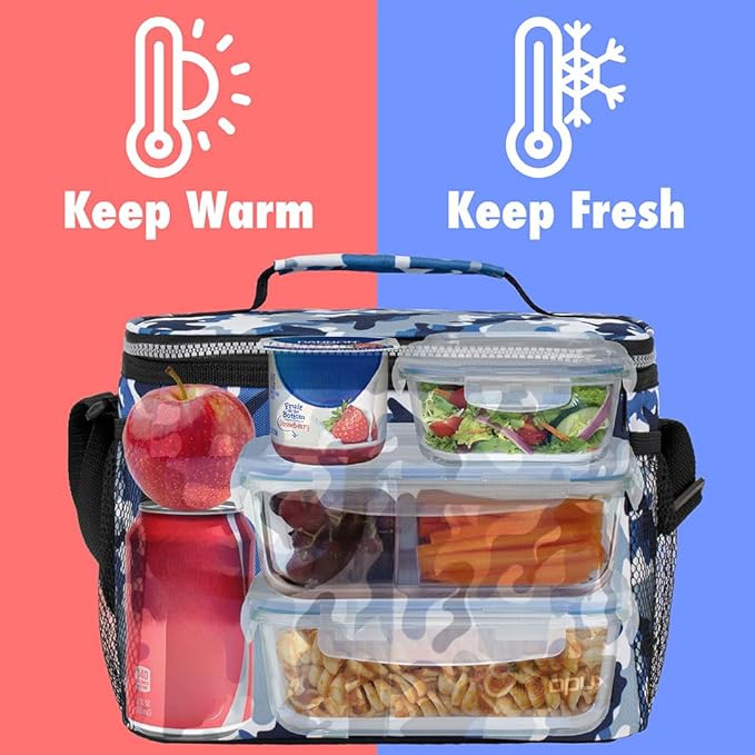 opux Insulated Lunch Box for Men Women Kids, Leakproof Reusable Lunch Bag Cooler for Work School Office, Soft Thermal Lunchbox Tote with Shoulder Strap for Boys Girls Adults, Camo Blue, 14 Can/8L