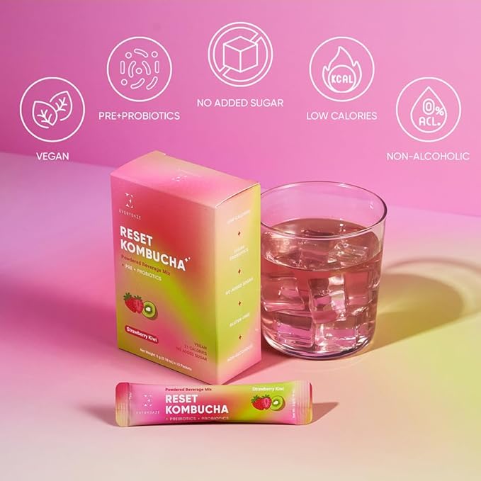 Everydaze Reset Kombucha Tea Powdered Beverage Mix | 10 Sticks | Prebiotics + Probiotics | Vegan | No Added Sugar, Gluten Free, Sparkling Powder Drink Pack (Strawberry Kiwi) (Pack of 2)
