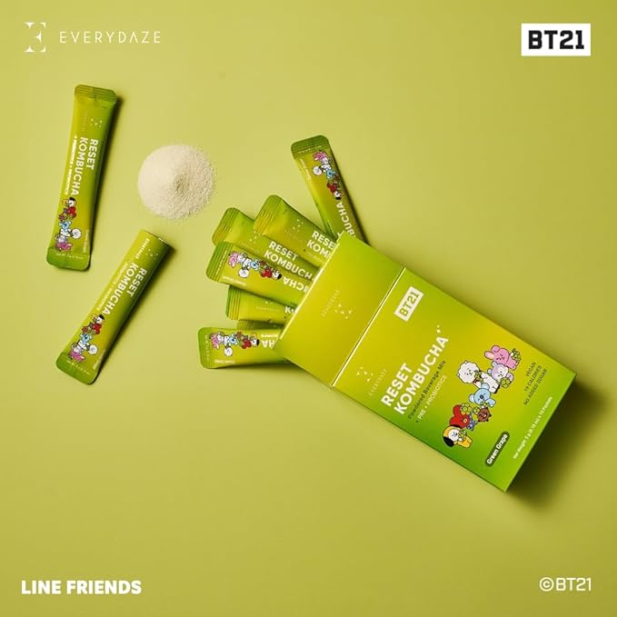 Everydaze BT21 Reset Kombucha Tea Powdered Beverage Mix | 10 Sticks | Prebiotics + Probiotics | Vegan | No Added Sugar, Gluten Free, Sparkling Powder Drink Pack (Green Grape) (Pack of 2)