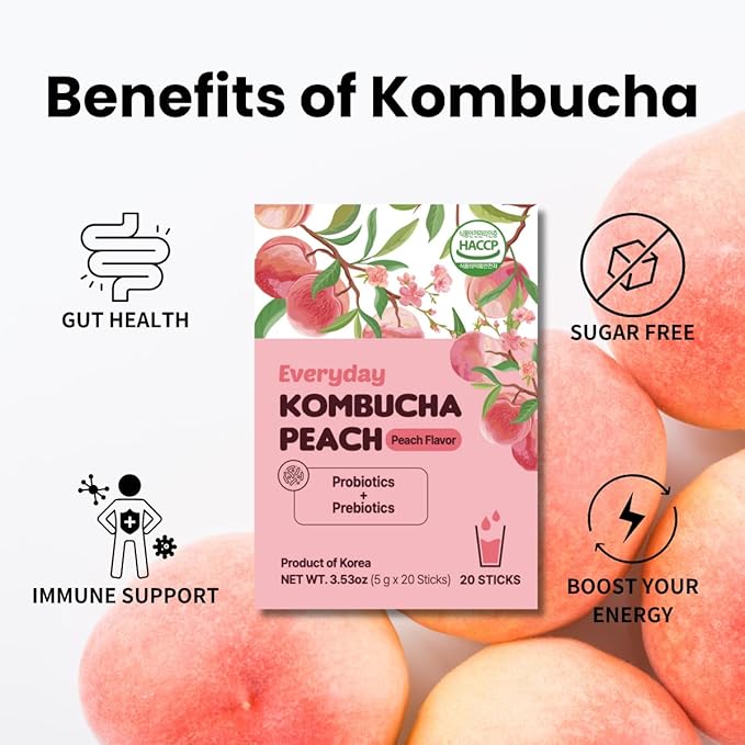 Unha's Everyday Kombucha Tea Powdered Beverage, 20 Sticks, Sparkling Powder Drink, Prebiotics, and Probiotics Sugar-Free - Peach Flavor