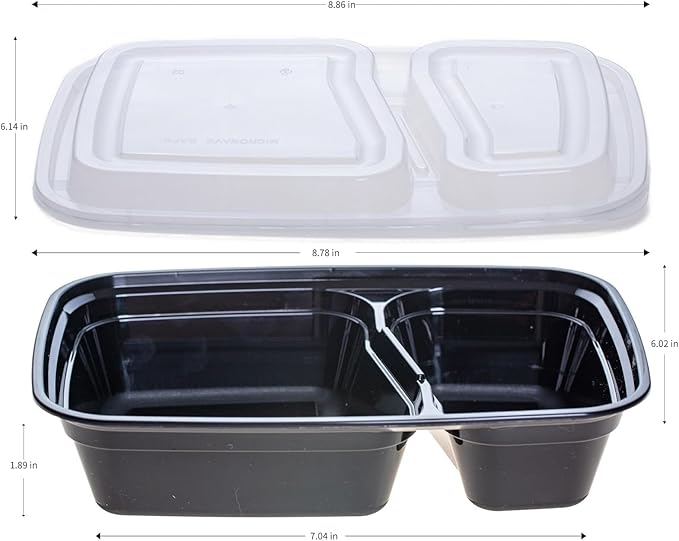 30oz Meal Prep Containers Bulk 50-Pack - 2-Compartment with Lids, Leakproof, Microwave/Freezer/Dishwasher Safe - Commercial Food Storage, Black