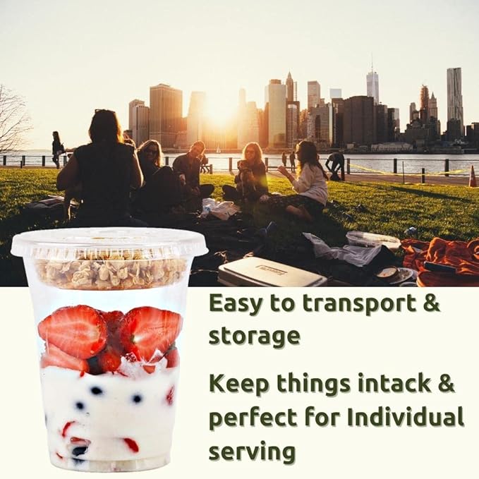 Aatriet 12 oz Clear Plastic Parfait Cups with Insert 3.25oz & Flat Lids No Hole - (20 Sets) Yogurt Fruit Parfait Cups for Kids, for Dips and Veggies, Take Away Breakfast and Snacks. No Leaking