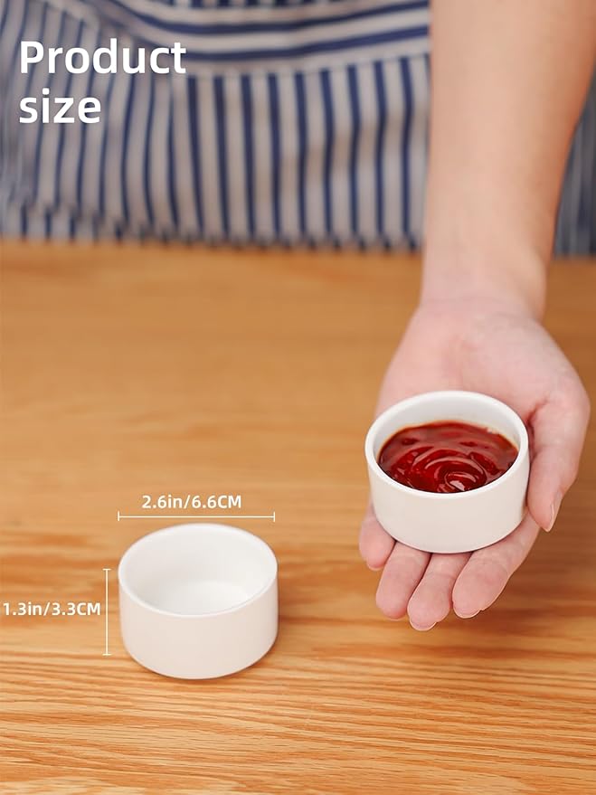 2 oz Mini Porcelain Ramekins Set of 6, Small Ceramics Souffle Dish, Exactly Designed for Dipping Sauce, Ketchup, Salsa and Jams, 60ml White