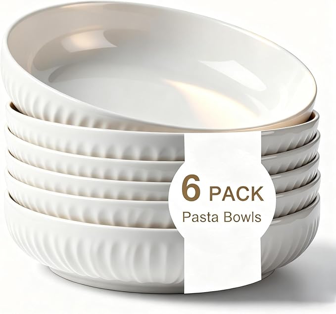 8 Inch Ceramic Pasta Bowls 6 Pack,34 Oz White Serving Bowls - Microwave, Dishwasher & Oven Safe, Shallow Soup Bowls for Salad, Pasta, Cereal