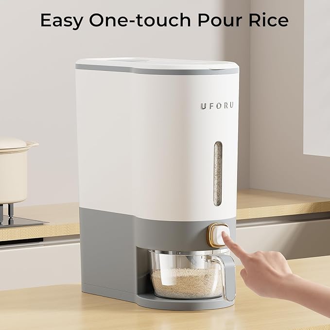 UFORU Rice Dispenser, Rice Storage Container with Measuring Cup for Kitchen Pantry Household, Cereal Dry Food Storage Containers Airtight, Sealed Moisture Proof, (Gray 22 Lbs)